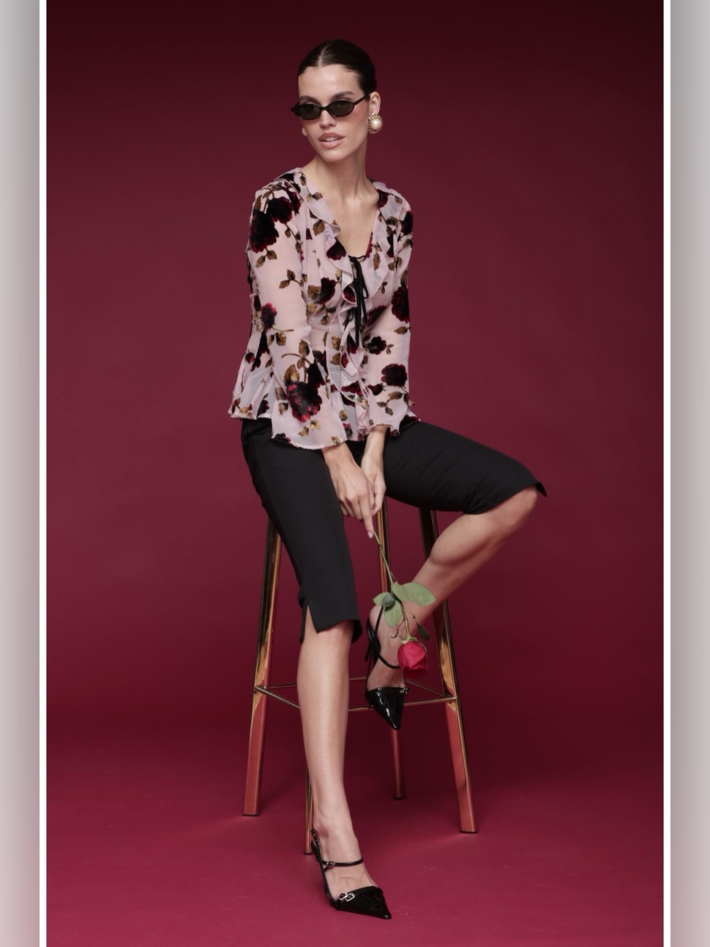 Avec Les Filles Burnout Velvet Floral Ruffle Blouse Pink Size S NWT - Picture 6 of 9